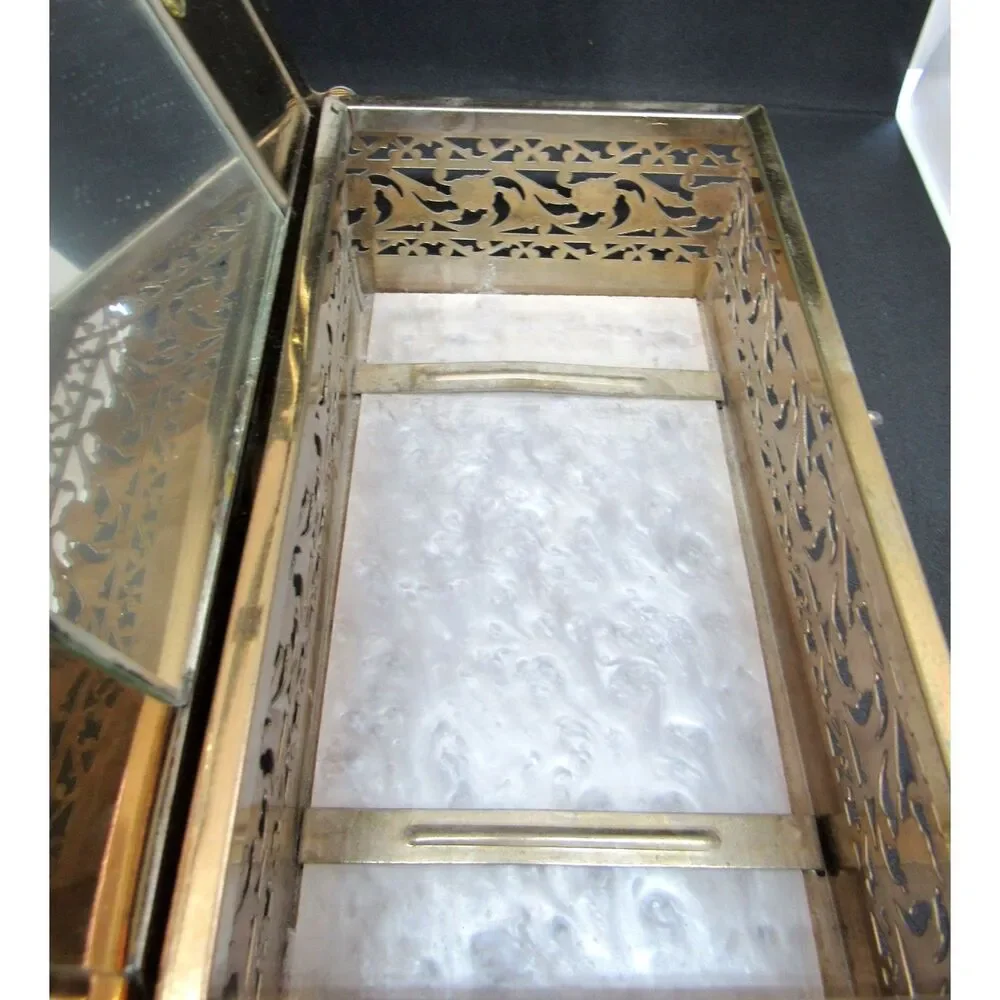 Lucite pearl purse box brass filigree trim with Mirror handbag 1950 mid century